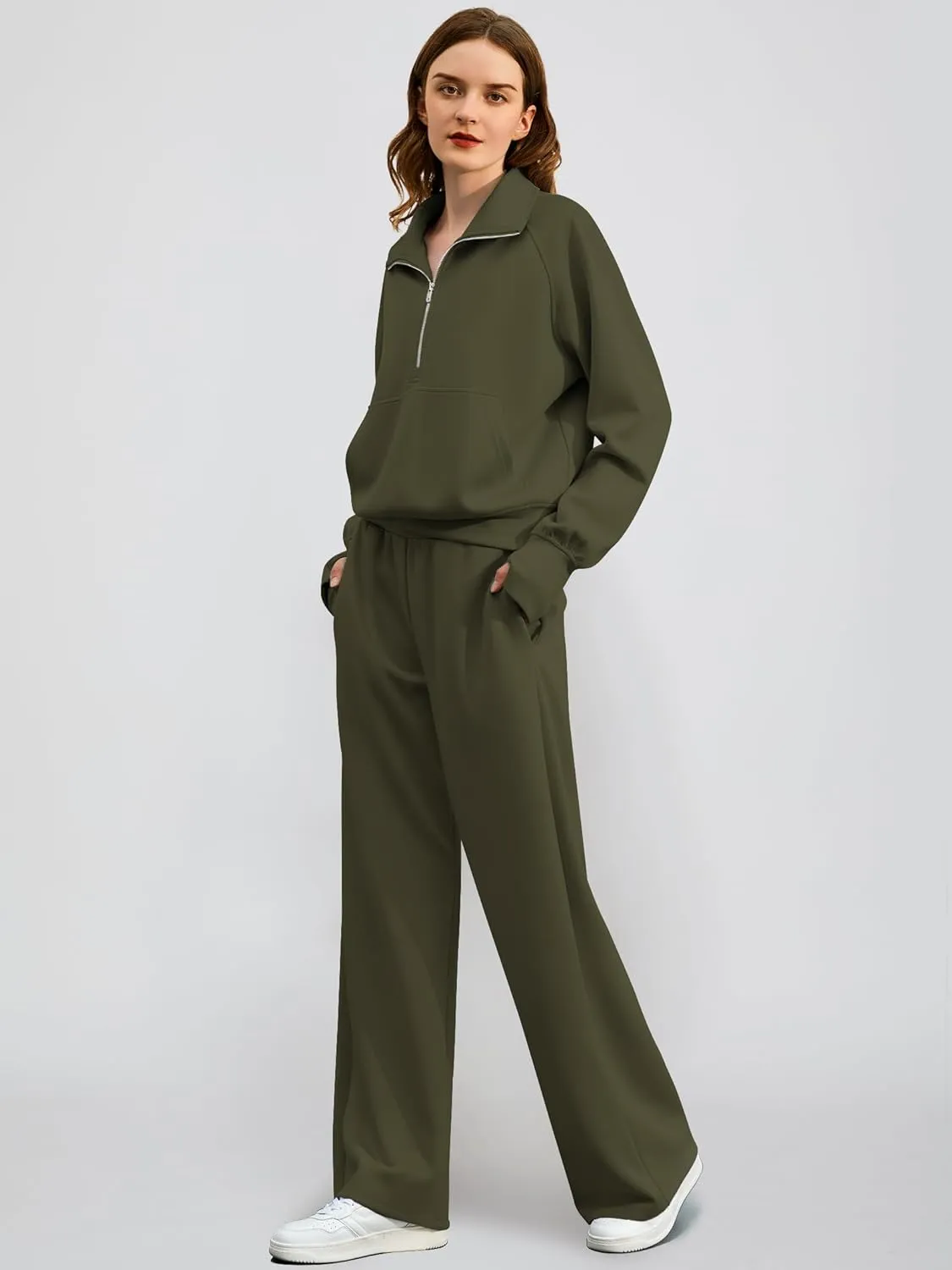 Women's 2 Piece Outfits Lounge Set 2025 Oversized Half Zip Sweatshirt Wide Leg Sweatpant Set Sweatsuit Tracksuit