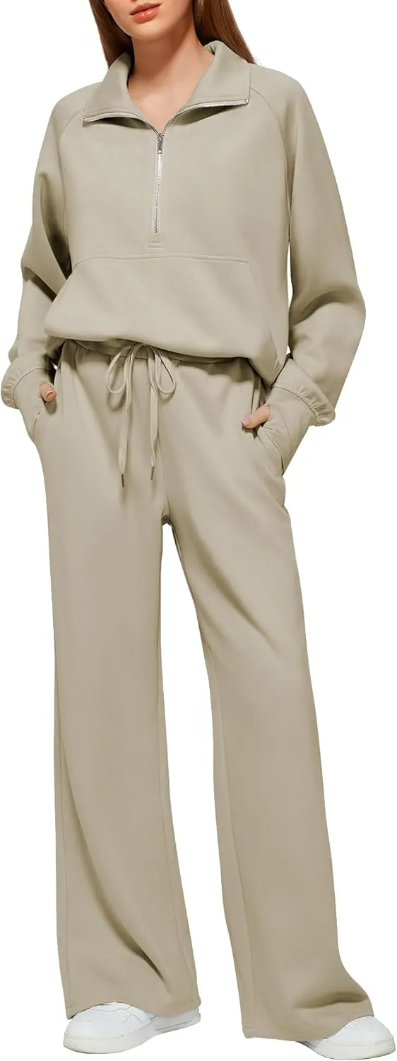 Women's 2 Piece Outfits Lounge Set 2025 Oversized Half Zip Sweatshirt Wide Leg Sweatpant Set Sweatsuit Tracksuit