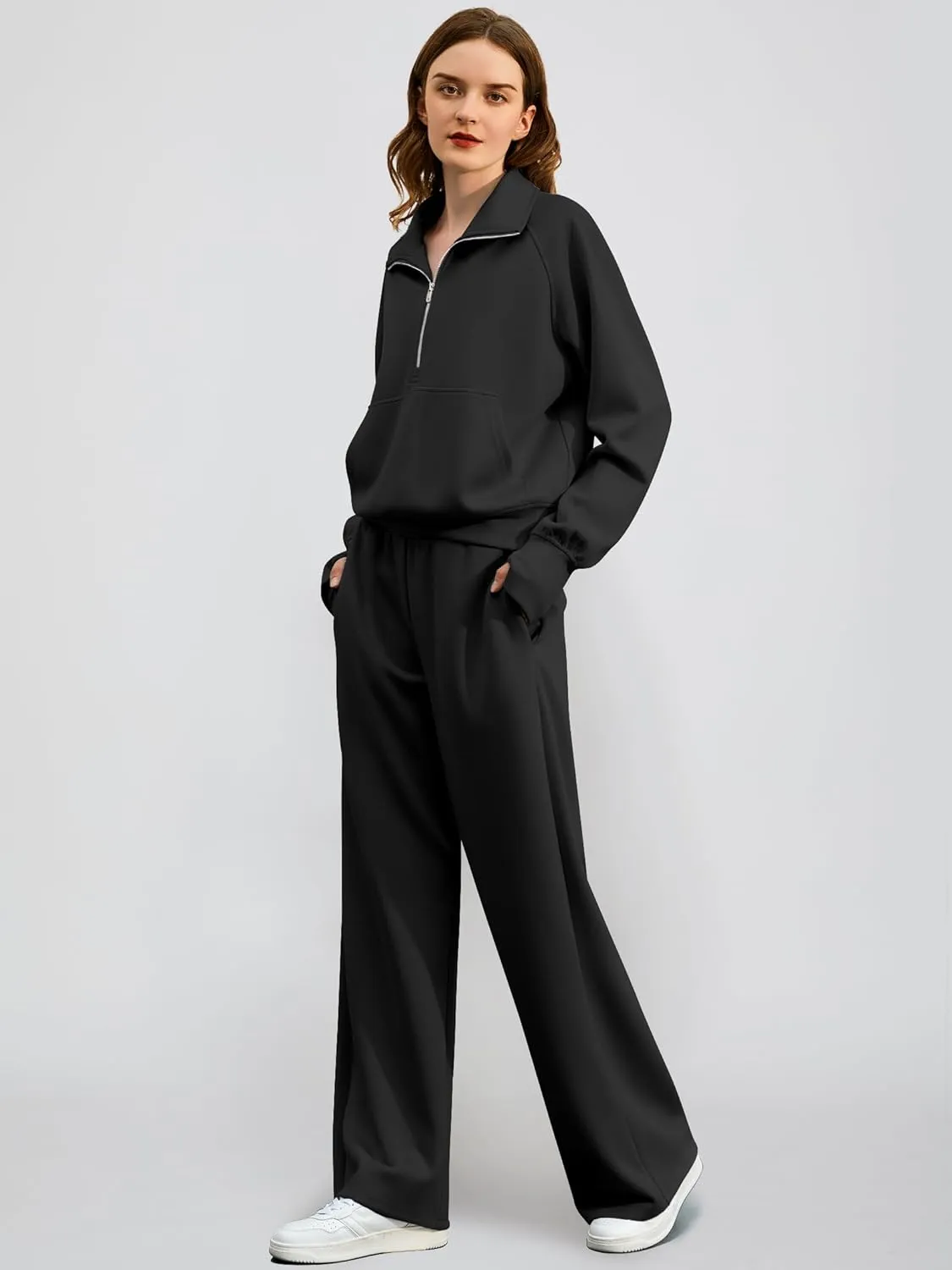 Women's 2 Piece Outfits Lounge Set 2025 Oversized Half Zip Sweatshirt Wide Leg Sweatpant Set Sweatsuit Tracksuit
