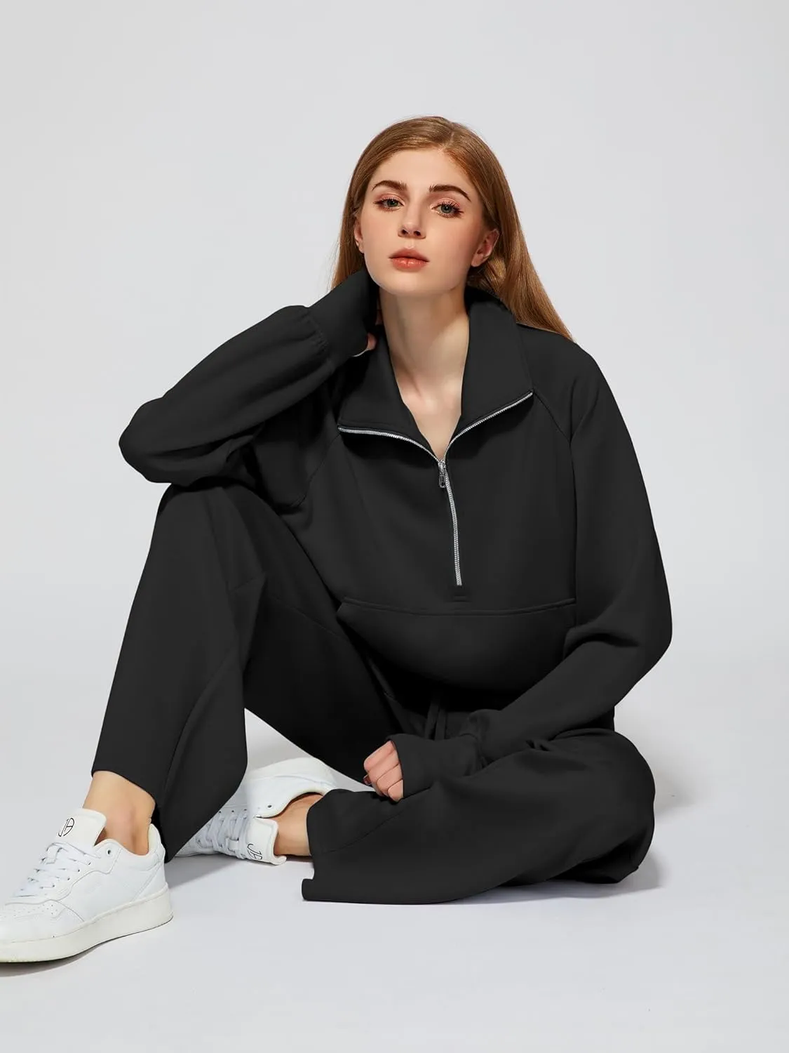 Women's 2 Piece Outfits Lounge Set 2025 Oversized Half Zip Sweatshirt Wide Leg Sweatpant Set Sweatsuit Tracksuit