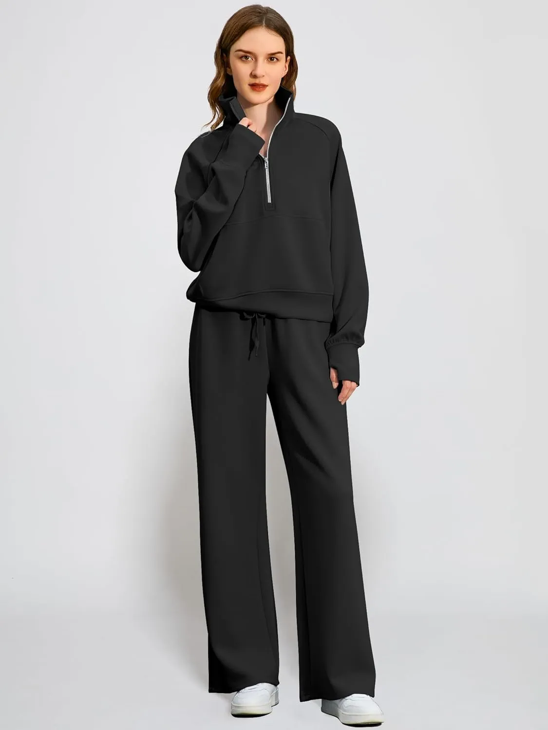 Women's 2 Piece Outfits Lounge Set 2025 Oversized Half Zip Sweatshirt Wide Leg Sweatpant Set Sweatsuit Tracksuit