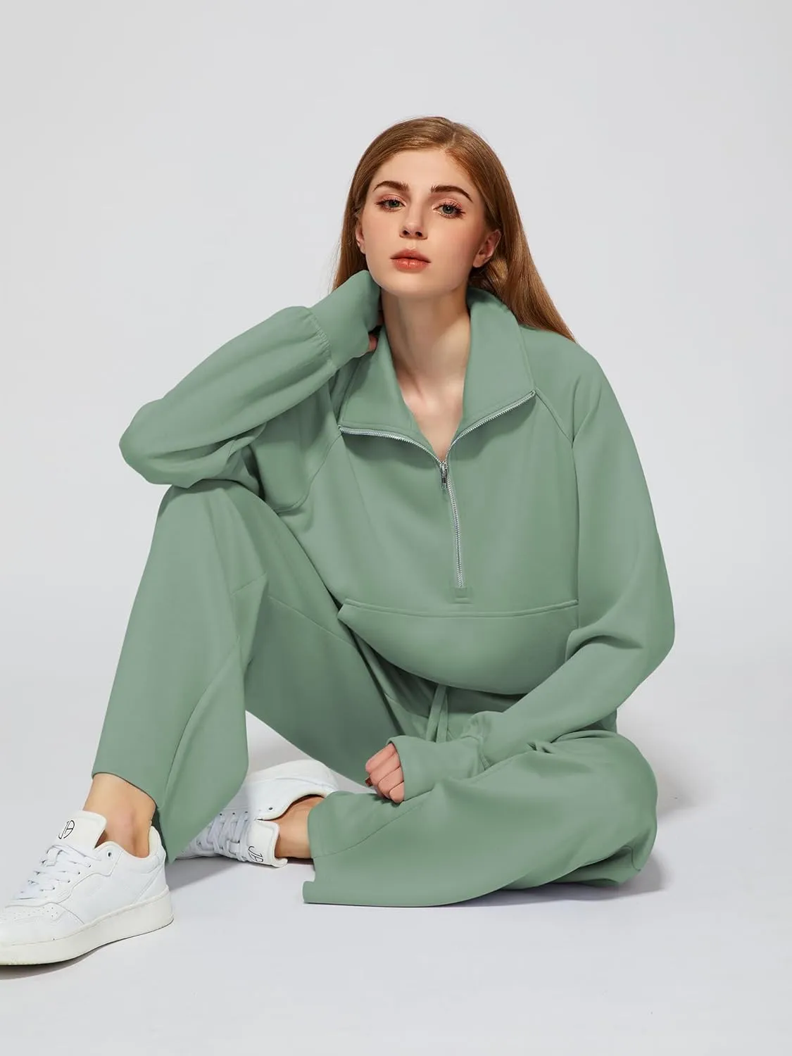 Women's 2 Piece Outfits Lounge Set 2025 Oversized Half Zip Sweatshirt Wide Leg Sweatpant Set Sweatsuit Tracksuit