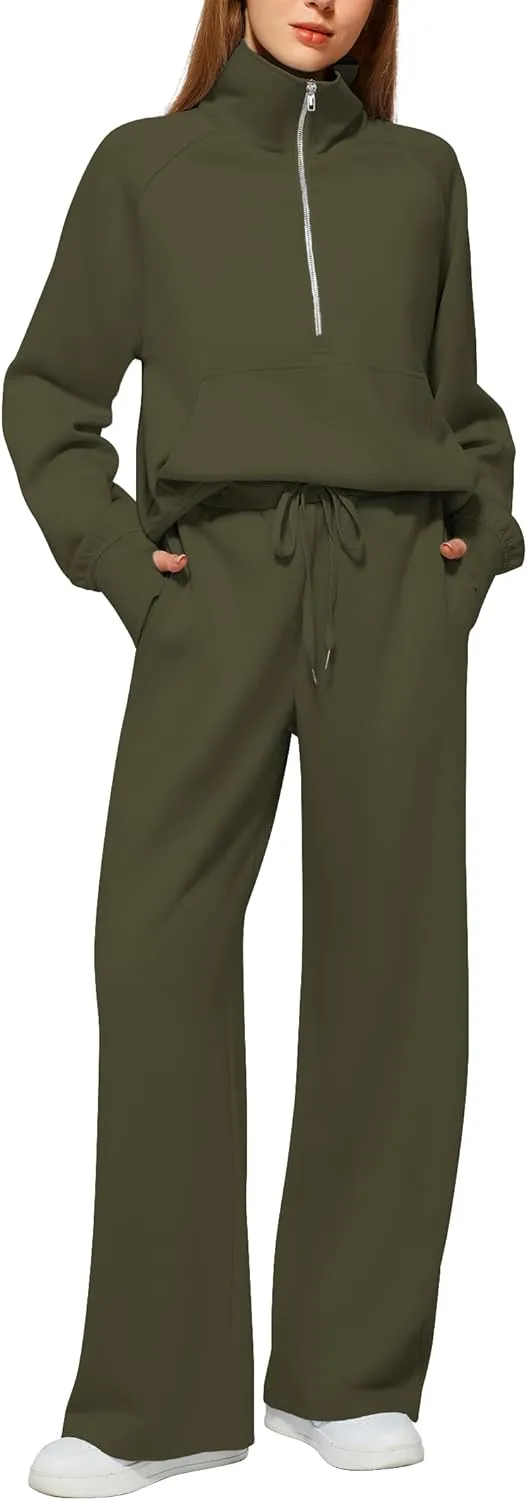 Women's 2 Piece Outfits Lounge Set 2025 Oversized Half Zip Sweatshirt Wide Leg Sweatpant Set Sweatsuit Tracksuit