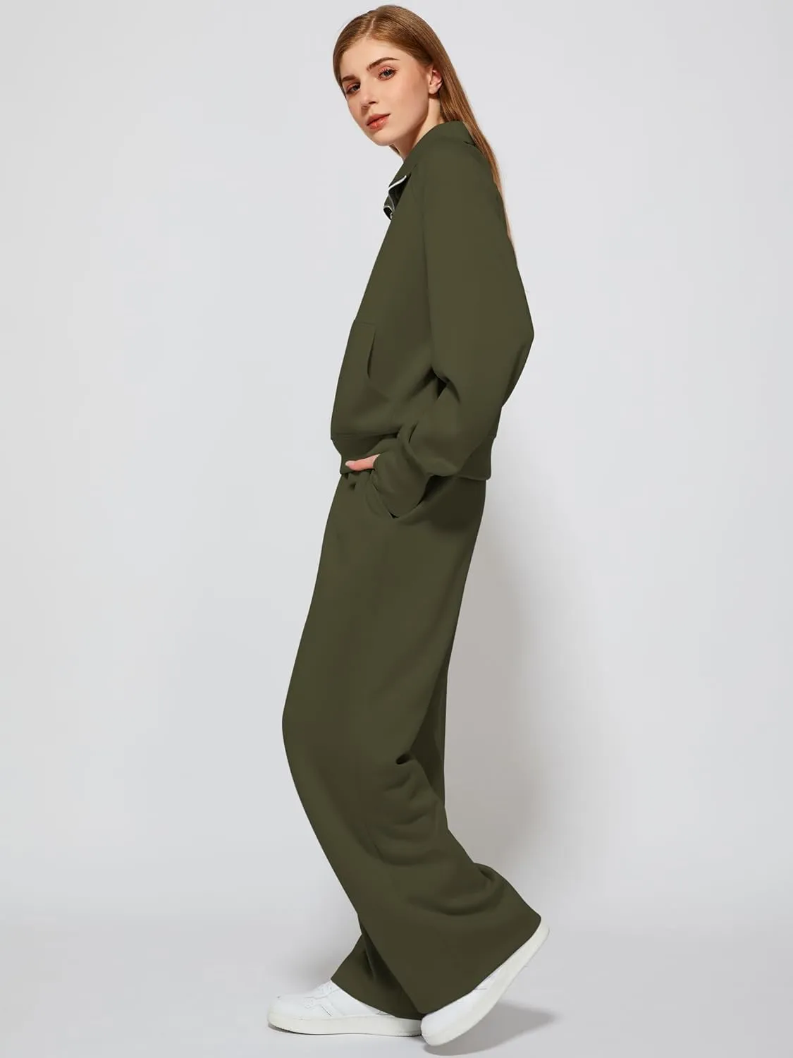 Women's 2 Piece Outfits Lounge Set 2025 Oversized Half Zip Sweatshirt Wide Leg Sweatpant Set Sweatsuit Tracksuit