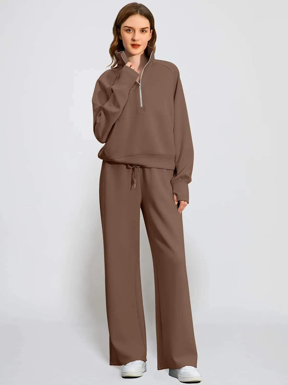 Women's 2 Piece Outfits Lounge Set 2025 Oversized Half Zip Sweatshirt Wide Leg Sweatpant Set Sweatsuit Tracksuit
