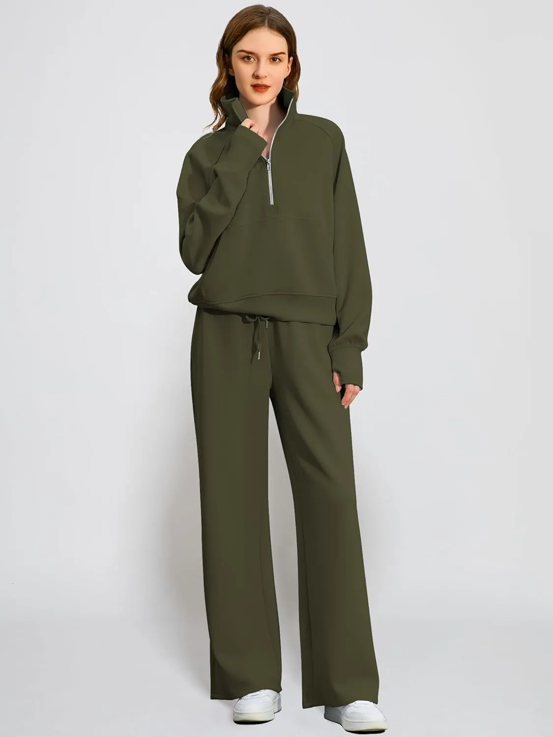 Women's 2 Piece Outfits Lounge Set 2025 Oversized Half Zip Sweatshirt Wide Leg Sweatpant Set Sweatsuit Tracksuit