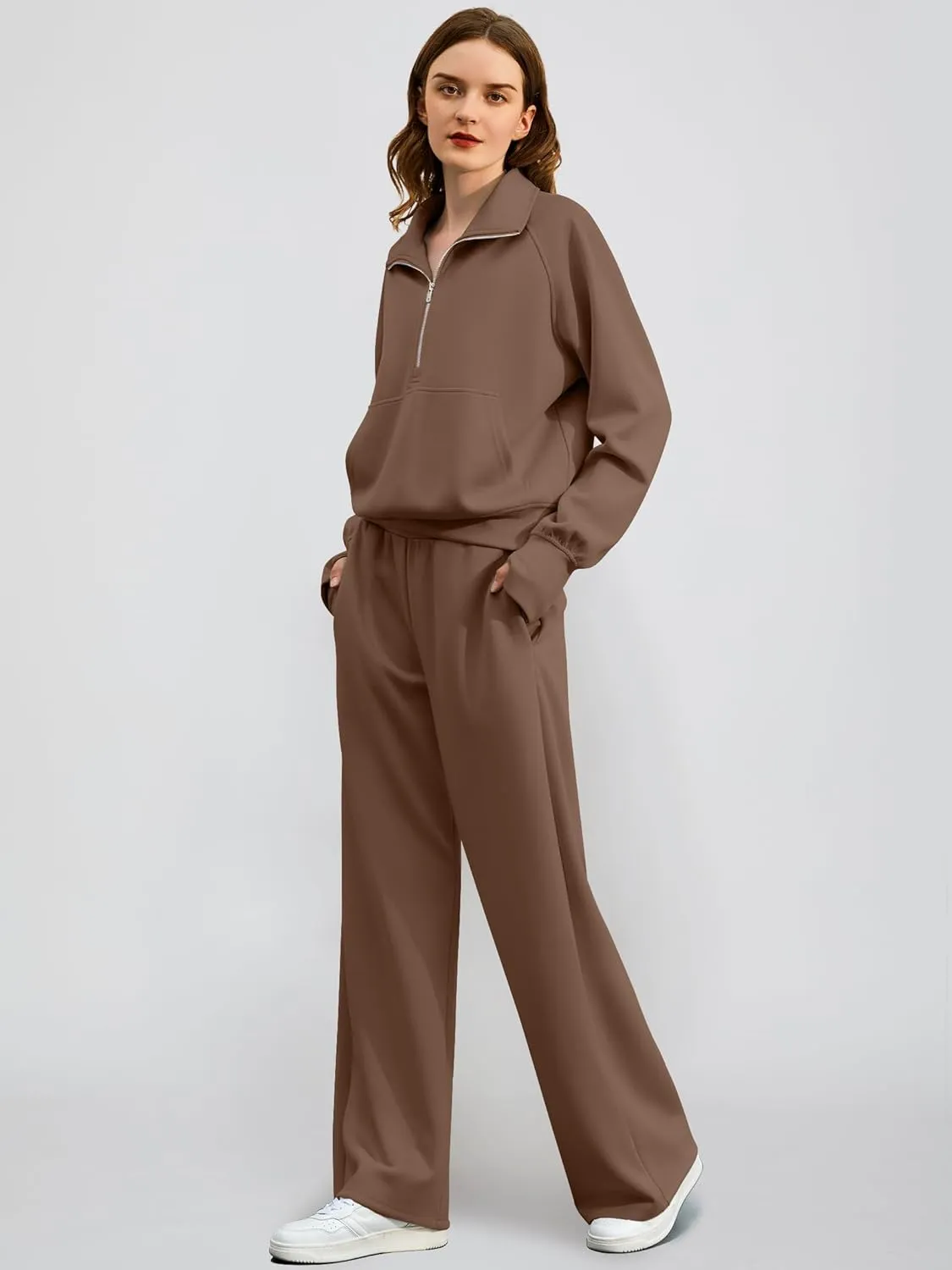 Women's 2 Piece Outfits Lounge Set 2025 Oversized Half Zip Sweatshirt Wide Leg Sweatpant Set Sweatsuit Tracksuit