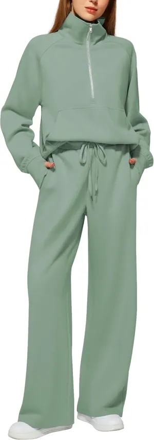 Women's 2 Piece Outfits Lounge Set 2025 Oversized Half Zip Sweatshirt Wide Leg Sweatpant Set Sweatsuit Tracksuit
