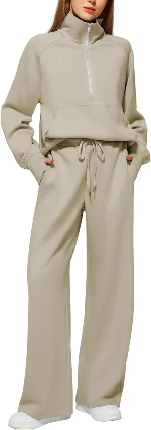 Women's 2 Piece Outfits Lounge Set 2025 Oversized Half Zip Sweatshirt Wide Leg Sweatpant Set Sweatsuit Tracksuit