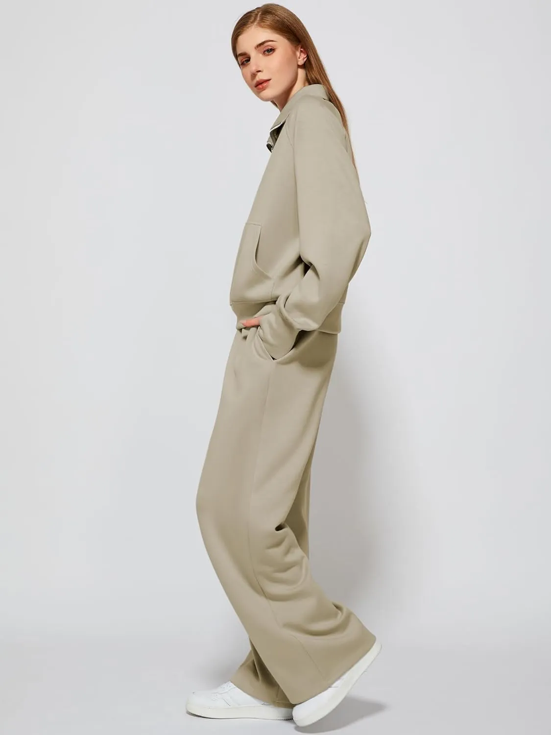 Women's 2 Piece Outfits Lounge Set 2025 Oversized Half Zip Sweatshirt Wide Leg Sweatpant Set Sweatsuit Tracksuit