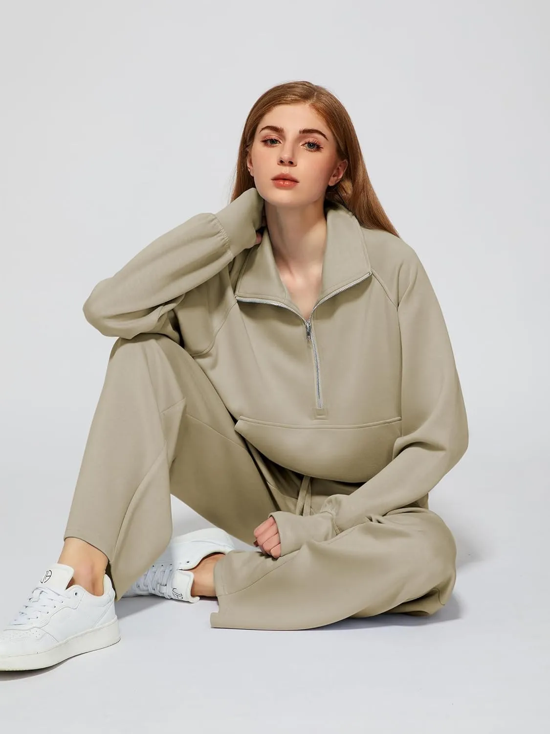 Women's 2 Piece Outfits Lounge Set 2025 Oversized Half Zip Sweatshirt Wide Leg Sweatpant Set Sweatsuit Tracksuit