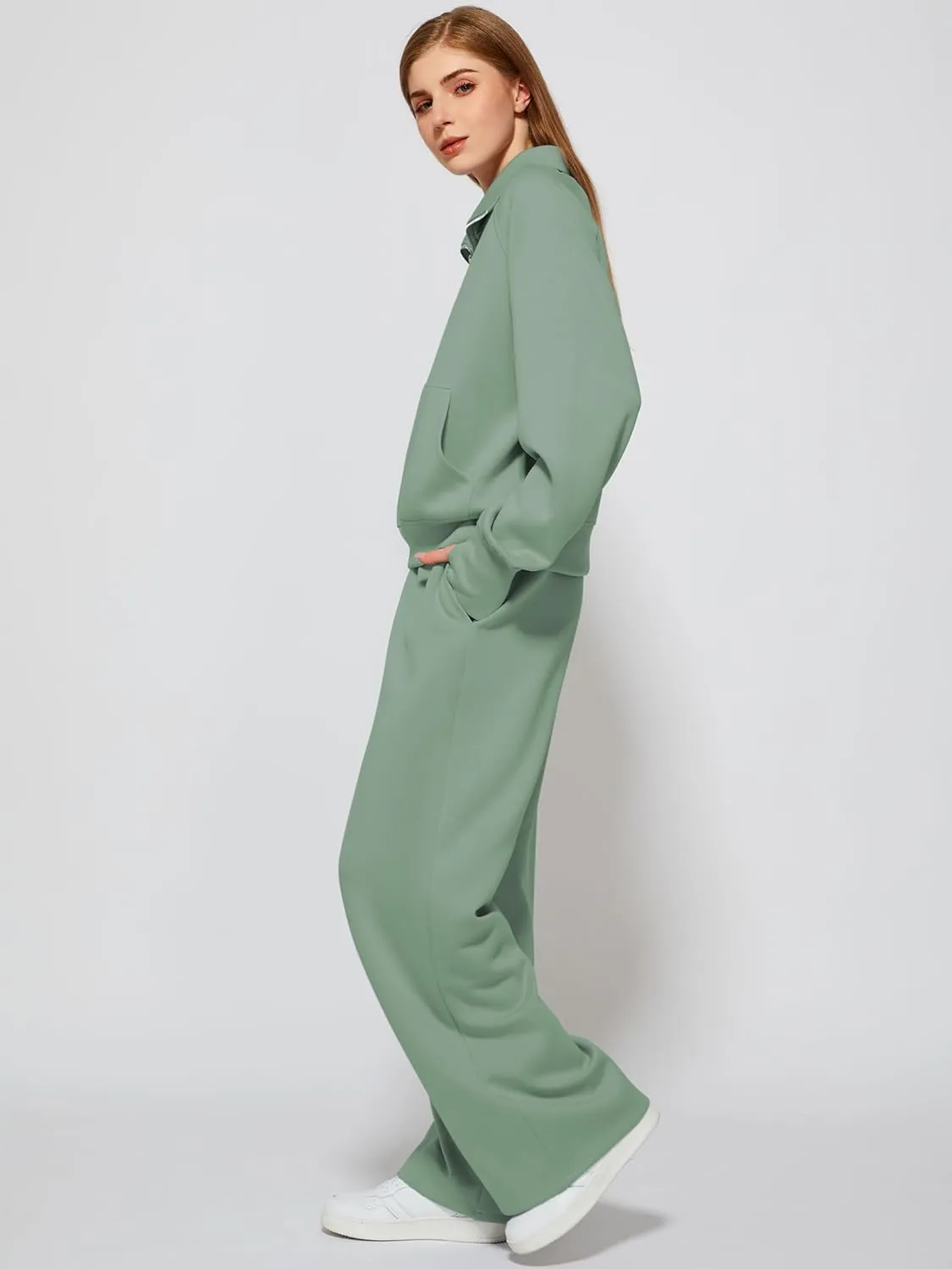 Women's 2 Piece Outfits Lounge Set 2025 Oversized Half Zip Sweatshirt Wide Leg Sweatpant Set Sweatsuit Tracksuit