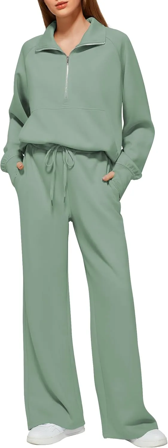 Women's 2 Piece Outfits Lounge Set 2025 Oversized Half Zip Sweatshirt Wide Leg Sweatpant Set Sweatsuit Tracksuit