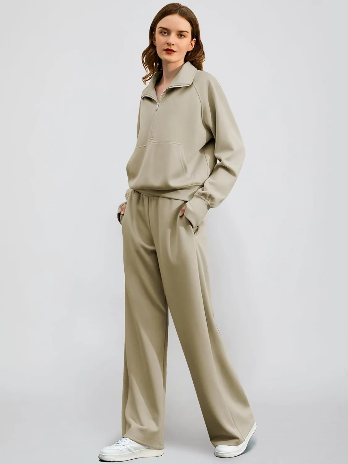 Women's 2 Piece Outfits Lounge Set 2025 Oversized Half Zip Sweatshirt Wide Leg Sweatpant Set Sweatsuit Tracksuit