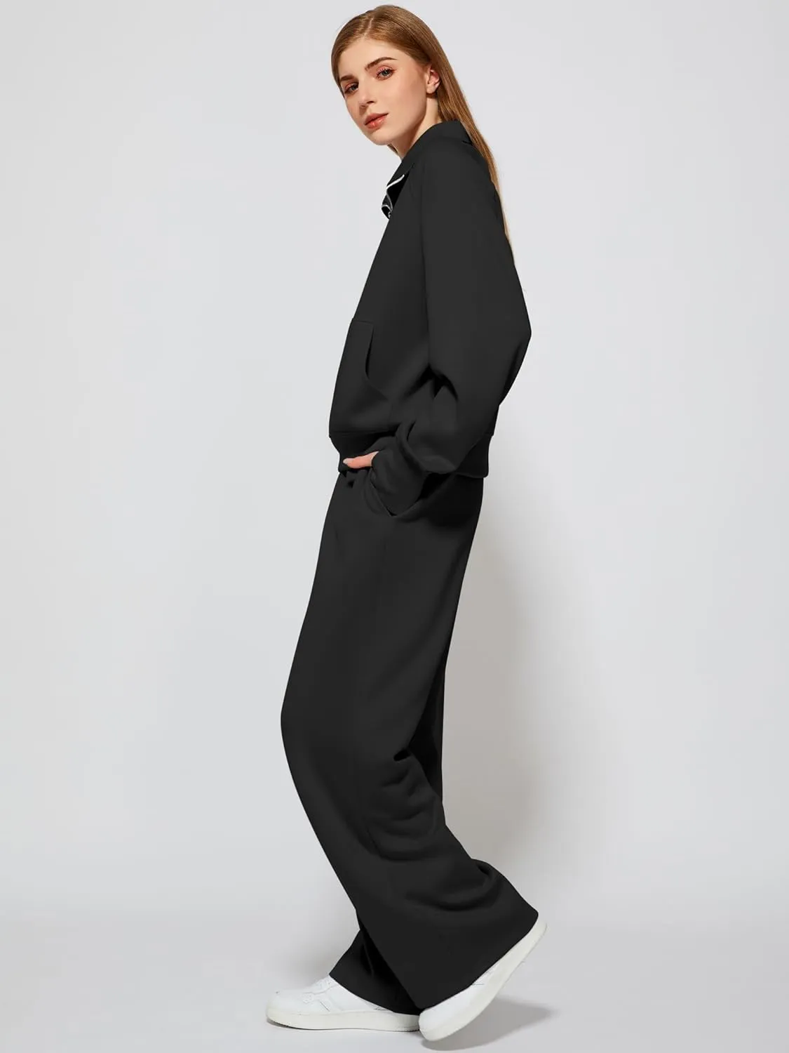 Women's 2 Piece Outfits Lounge Set 2025 Oversized Half Zip Sweatshirt Wide Leg Sweatpant Set Sweatsuit Tracksuit