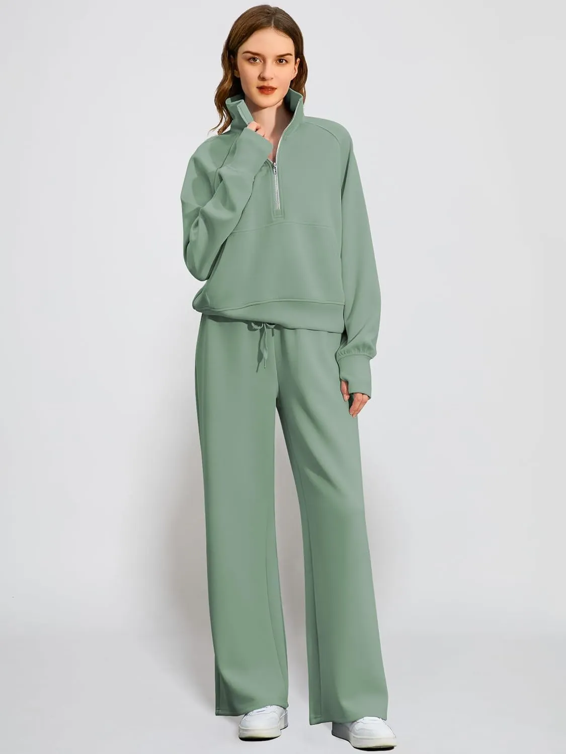 Women's 2 Piece Outfits Lounge Set 2025 Oversized Half Zip Sweatshirt Wide Leg Sweatpant Set Sweatsuit Tracksuit