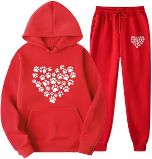 Womens 2 Piece Outfits Sweatsuits Set Heart Print Thin Fleece Sweatshirts Joggers Cozy Warm Fall Lounge Set Tracksuit