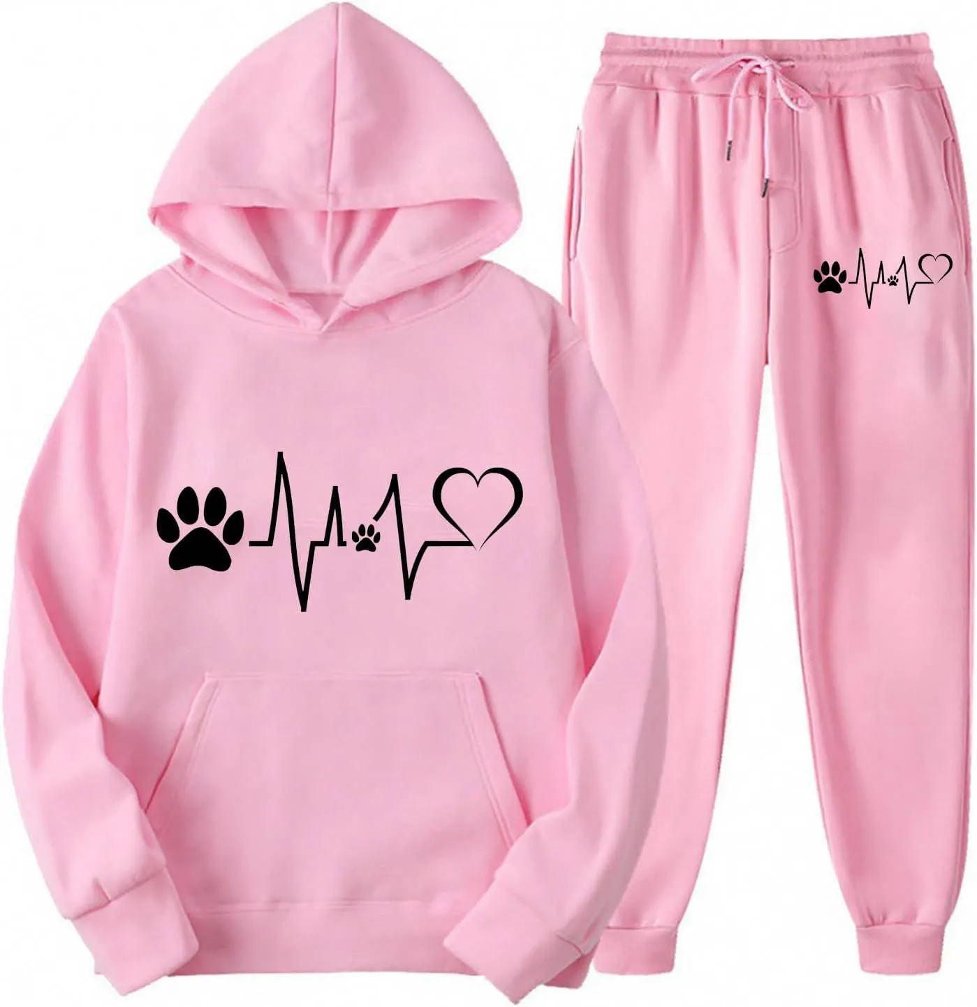 Womens 2 Piece Outfits Sweatsuits Set Heart Print Thin Fleece Sweatshirts Joggers Cozy Warm Fall Lounge Set Tracksuit