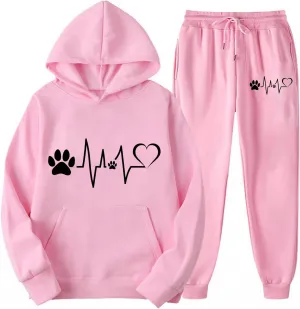 Womens 2 Piece Outfits Sweatsuits Set Heart Print Thin Fleece Sweatshirts Joggers Cozy Warm Fall Lounge Set Tracksuit