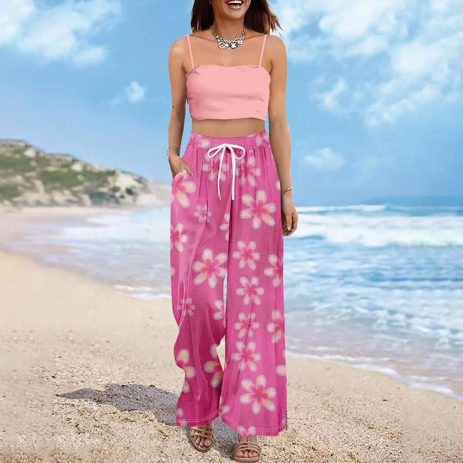 Women's Floral Travel Palazzo Cropped Pants High Waist Straight Leg Tropical Beach Pant Loose Fit Lounge with Pockets
