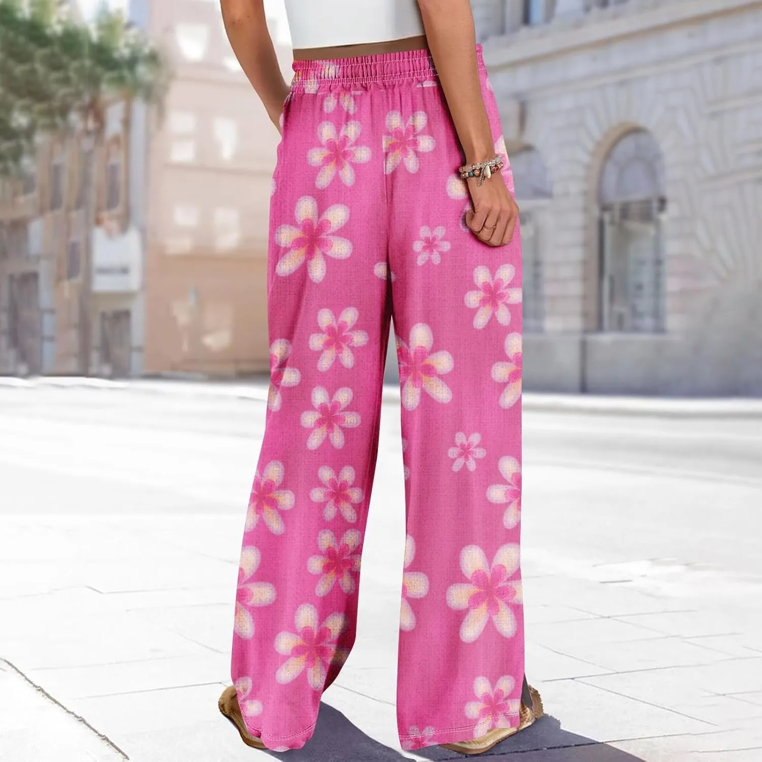 Women's Floral Travel Palazzo Cropped Pants High Waist Straight Leg Tropical Beach Pant Loose Fit Lounge with Pockets