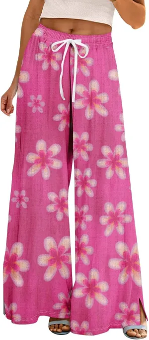 Women's Floral Travel Palazzo Cropped Pants High Waist Straight Leg Tropical Beach Pant Loose Fit Lounge with Pockets