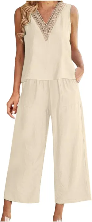 Womens Linen 2 Piece Outfits Casual Summer 2024 Sleeveless v Neck Crop Top Wide Leg Capri Pants Matching Set Loungewear
