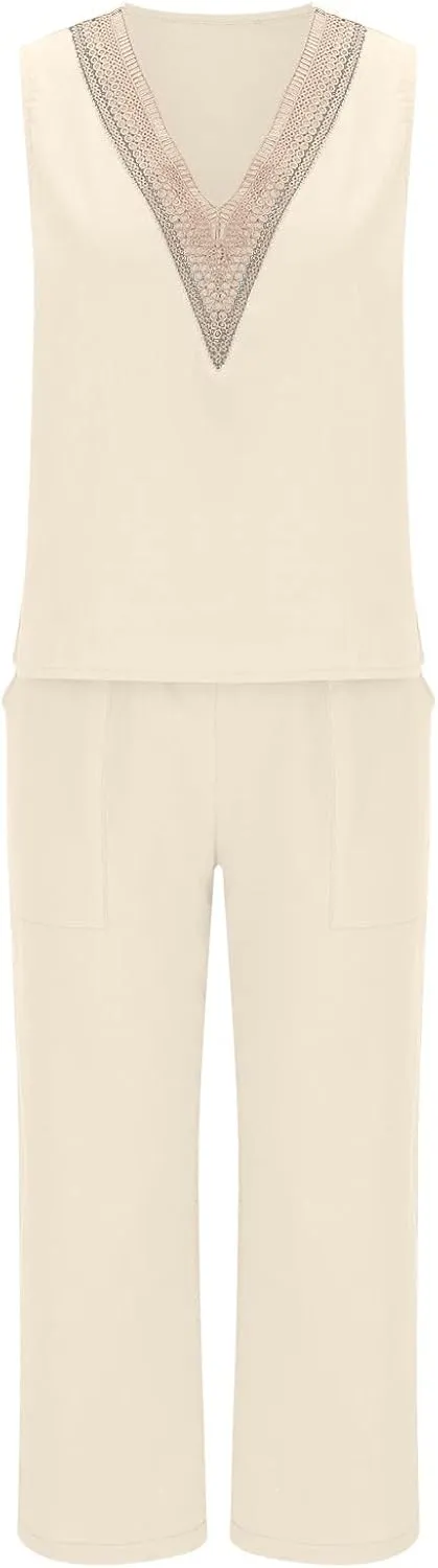 Womens Linen 2 Piece Outfits Casual Summer 2024 Sleeveless v Neck Crop Top Wide Leg Capri Pants Matching Set Loungewear