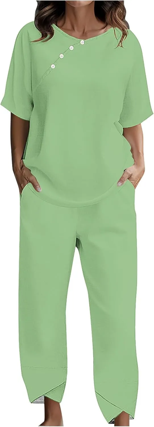 Women's Plus Size Cotton Linen Lounge Sets Half Sleeve Top Pants Suit Casual Beach Vocation Matching Outfits