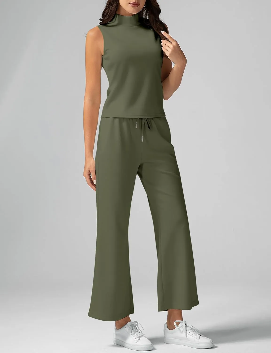Women's Summer 2 Piece Outfits Mock Neck Tank Top Cropped Wide Leg Pants Lounge Sets 2025 Fashion Tracksuit