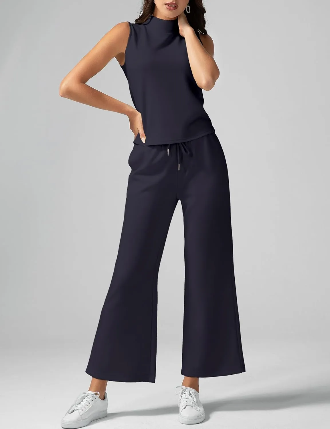 Women's Summer 2 Piece Outfits Mock Neck Tank Top Cropped Wide Leg Pants Lounge Sets 2025 Fashion Tracksuit