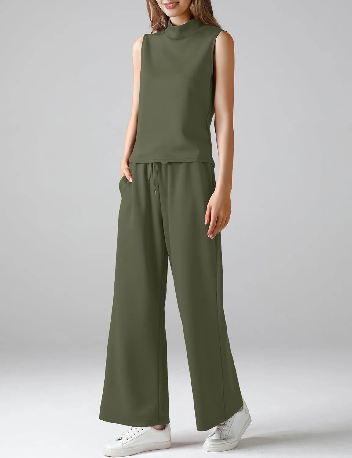 Women's Summer 2 Piece Outfits Mock Neck Tank Top Cropped Wide Leg Pants Lounge Sets 2025 Fashion Tracksuit