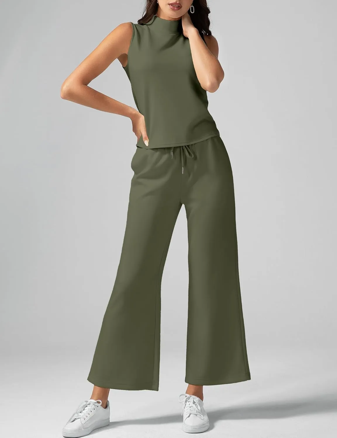 Women's Summer 2 Piece Outfits Mock Neck Tank Top Cropped Wide Leg Pants Lounge Sets 2025 Fashion Tracksuit