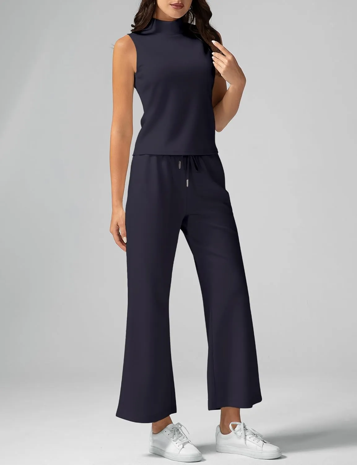 Women's Summer 2 Piece Outfits Mock Neck Tank Top Cropped Wide Leg Pants Lounge Sets 2025 Fashion Tracksuit