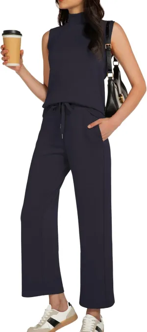 Women's Summer 2 Piece Outfits Mock Neck Tank Top Cropped Wide Leg Pants Lounge Sets 2025 Fashion Tracksuit
