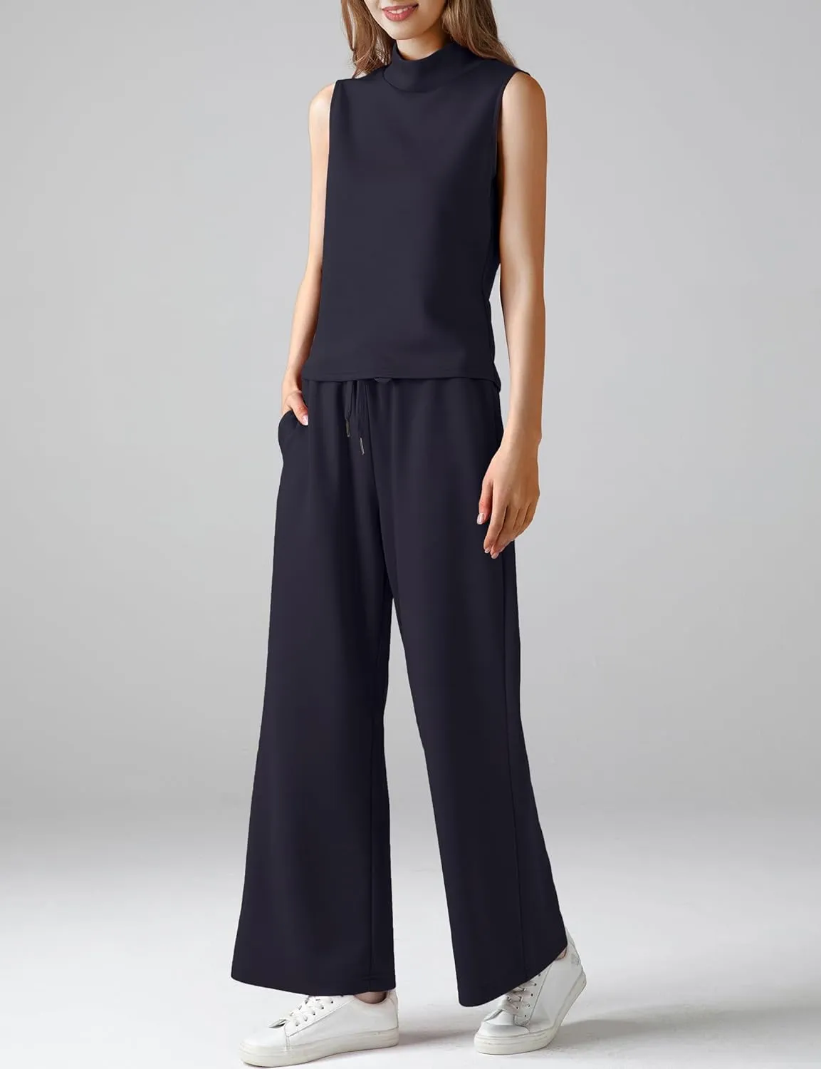 Women's Summer 2 Piece Outfits Mock Neck Tank Top Cropped Wide Leg Pants Lounge Sets 2025 Fashion Tracksuit