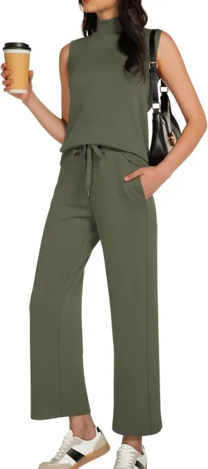 Women's Summer 2 Piece Outfits Mock Neck Tank Top Cropped Wide Leg Pants Lounge Sets 2025 Fashion Tracksuit