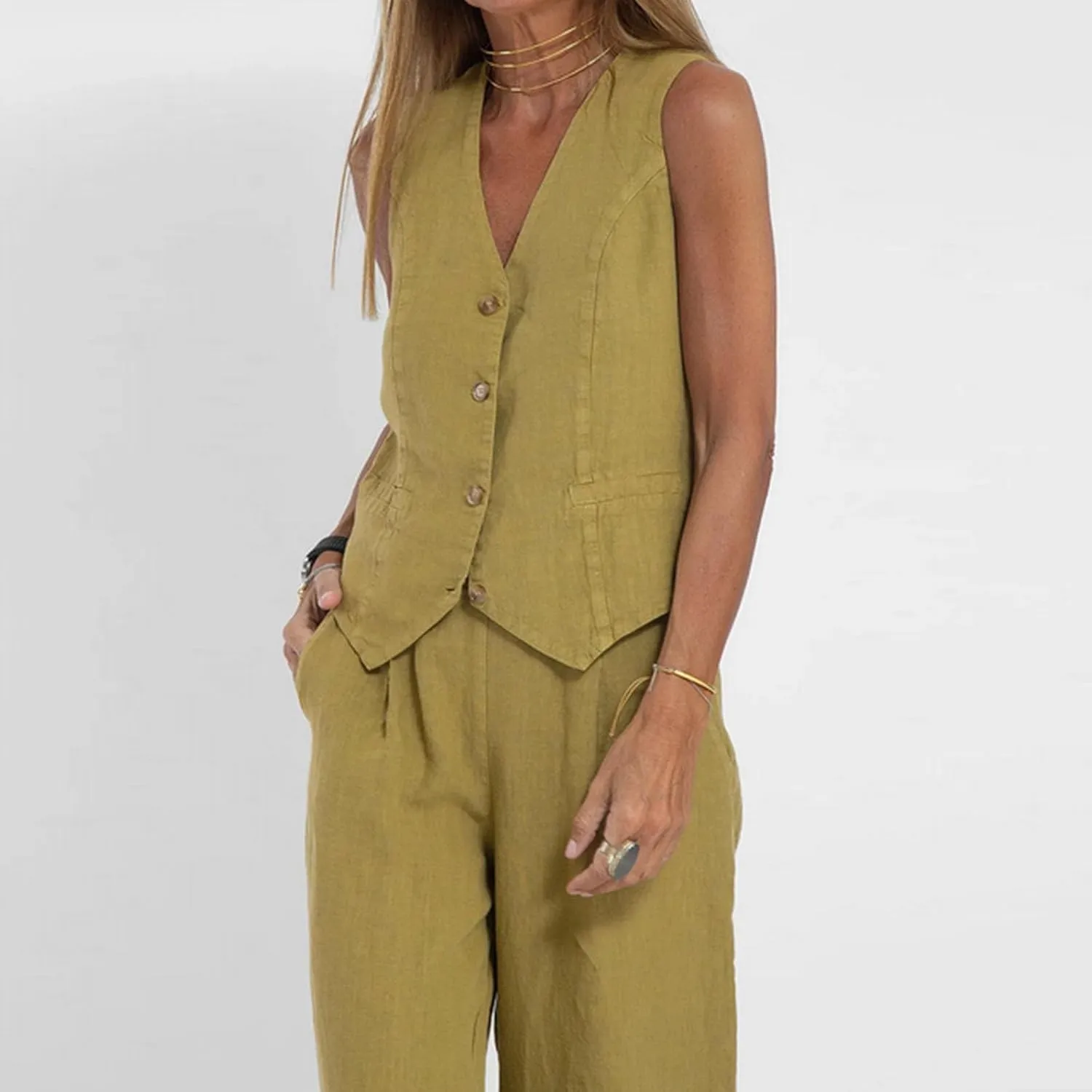 Womens Summer 2 Piece Outfits V Neck Button Sleeveless Vest Wide Leg Pant Linen Set Business Casual Dressy Lounge Set