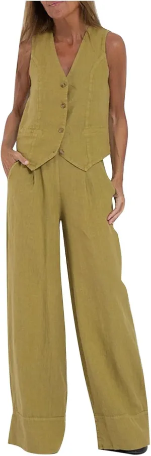Womens Summer 2 Piece Outfits V Neck Button Sleeveless Vest Wide Leg Pant Linen Set Business Casual Dressy Lounge Set