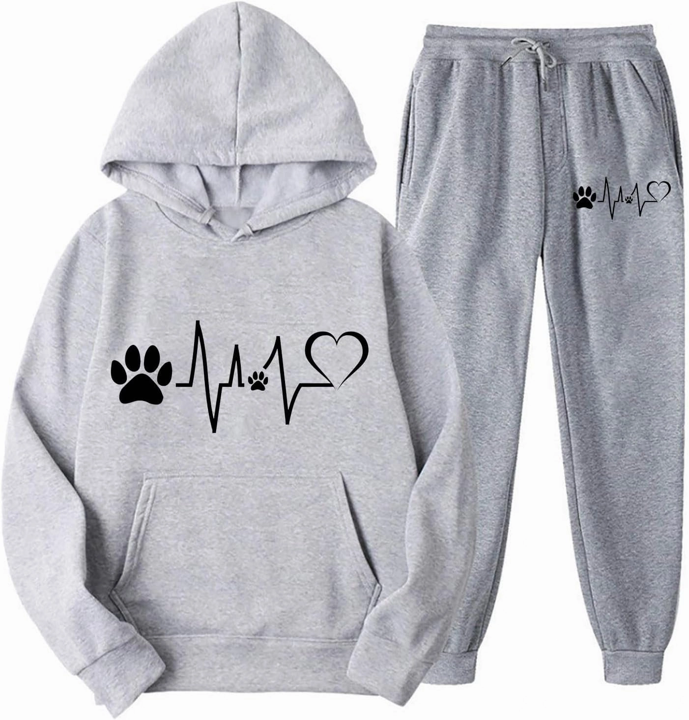 Womens 2 Piece Outfits Sweatsuits Set Heart Print Thin Fleece Sweatshirts Joggers Cozy Warm Fall Lounge Set Tracksuit