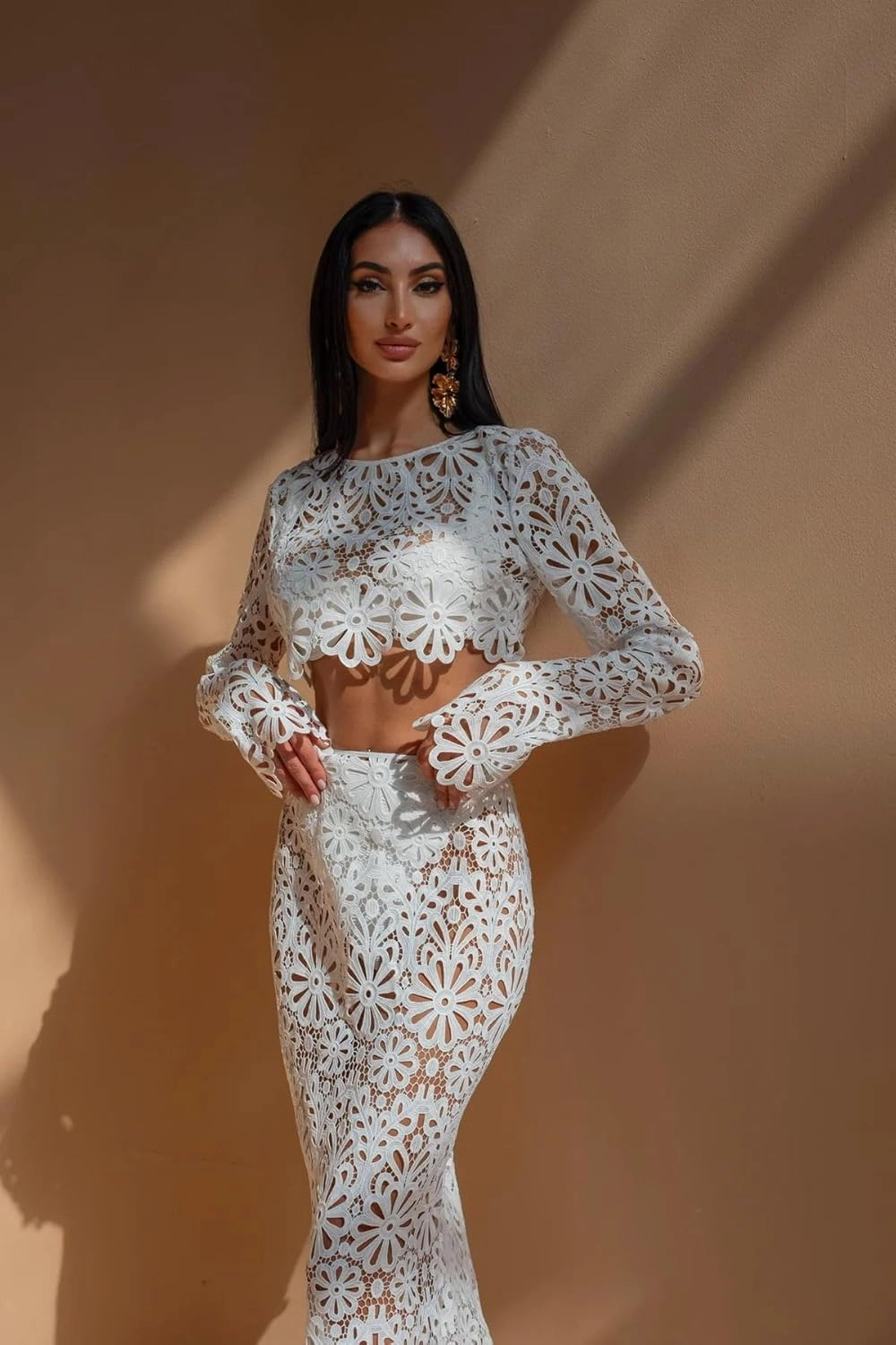 Womens Lace 2 Piece Outfits Long Sleeves Round Neck Hollow Out Top Maxi Skirt Vacation Sets