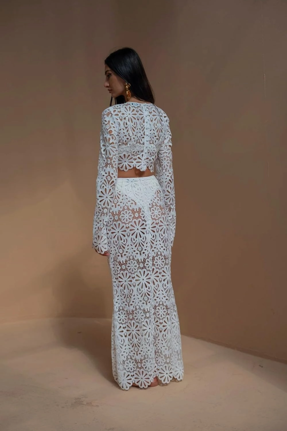 Womens Lace 2 Piece Outfits Long Sleeves Round Neck Hollow Out Top Maxi Skirt Vacation Sets