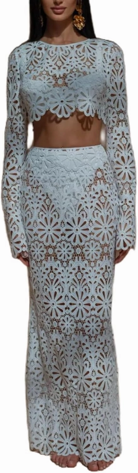 Womens Lace 2 Piece Outfits Long Sleeves Round Neck Hollow Out Top Maxi Skirt Vacation Sets