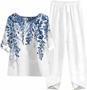 Womens Summer 2 Piece Outfits Crewneck Half Sleeve Two Piece Long Capris Pants Linen Lounge Sets with Pockets
