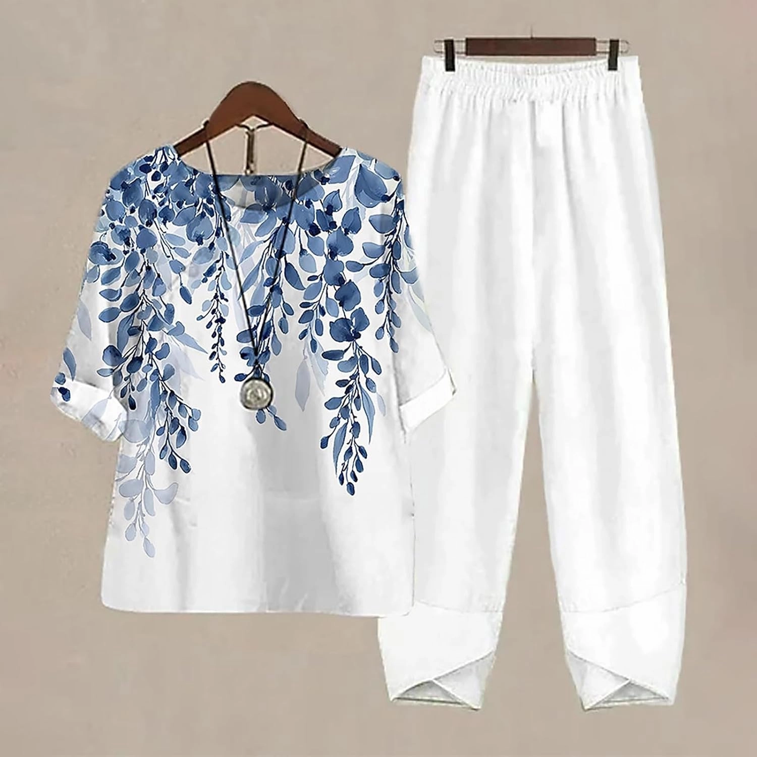 Womens Summer 2 Piece Outfits Crewneck Half Sleeve Two Piece Long Capris Pants Linen Lounge Sets with Pockets