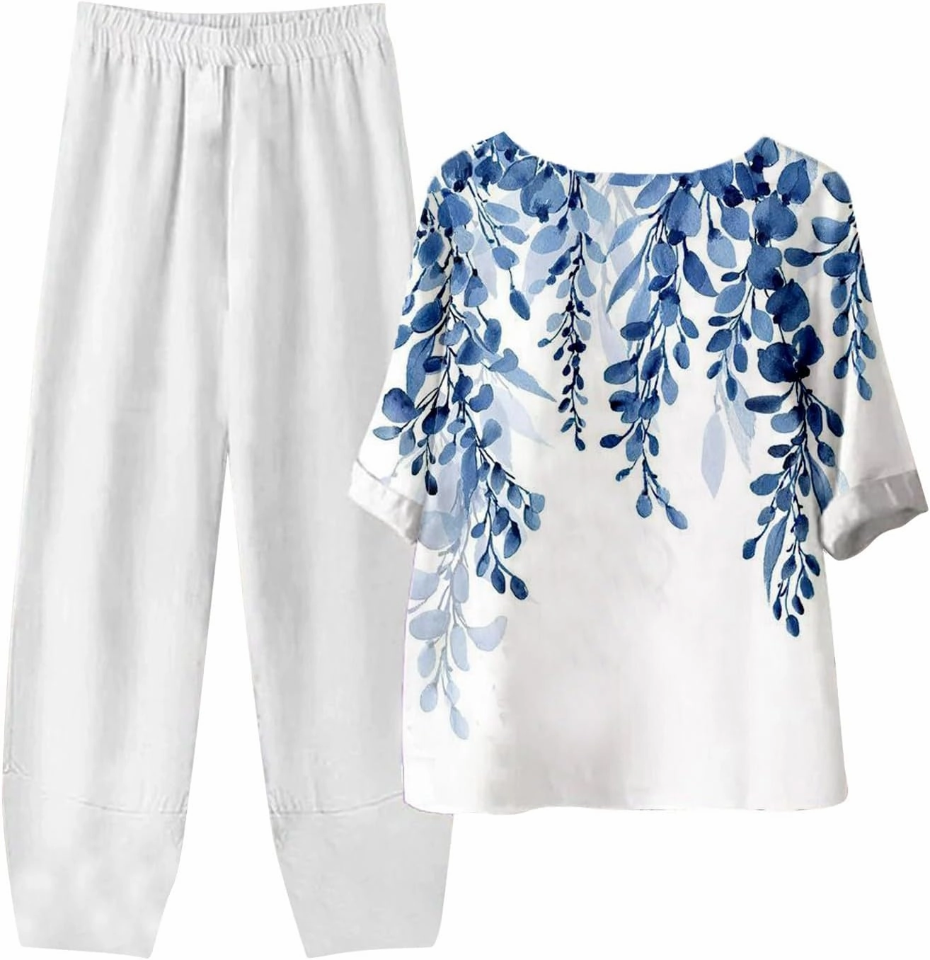 Womens Summer 2 Piece Outfits Crewneck Half Sleeve Two Piece Long Capris Pants Linen Lounge Sets with Pockets