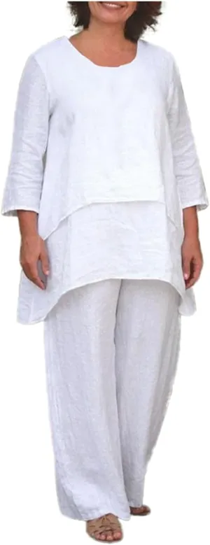 Workout Sets for Women Summer Cotton Linen Casual Matching Set Short Sleeve T Shirts and Pants with Pockets