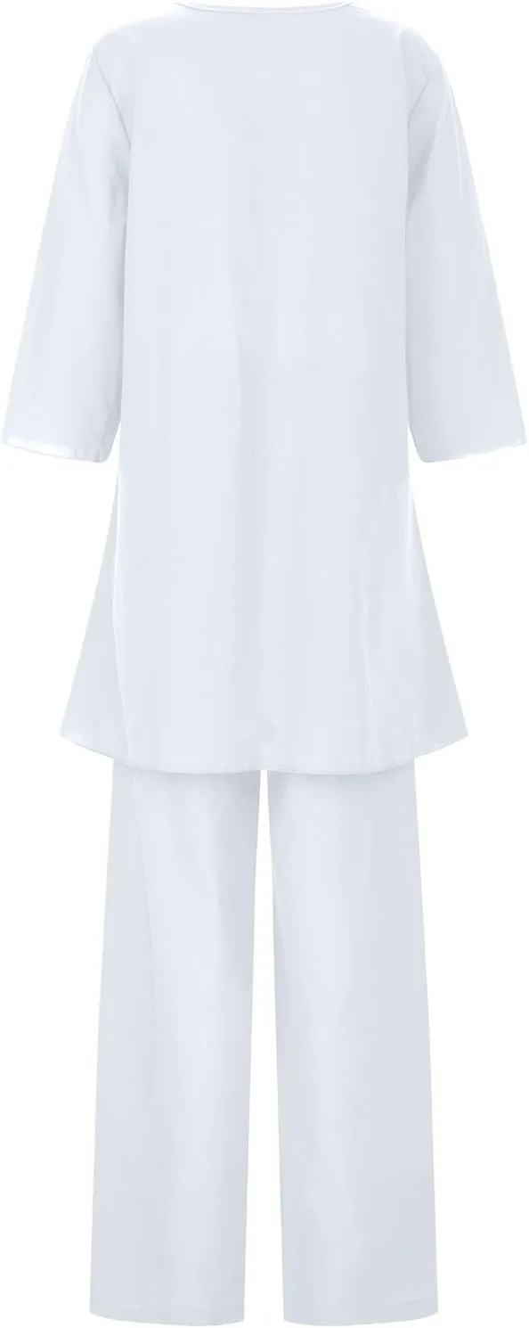Workout Sets for Women Summer Cotton Linen Casual Matching Set Short Sleeve T Shirts and Pants with Pockets