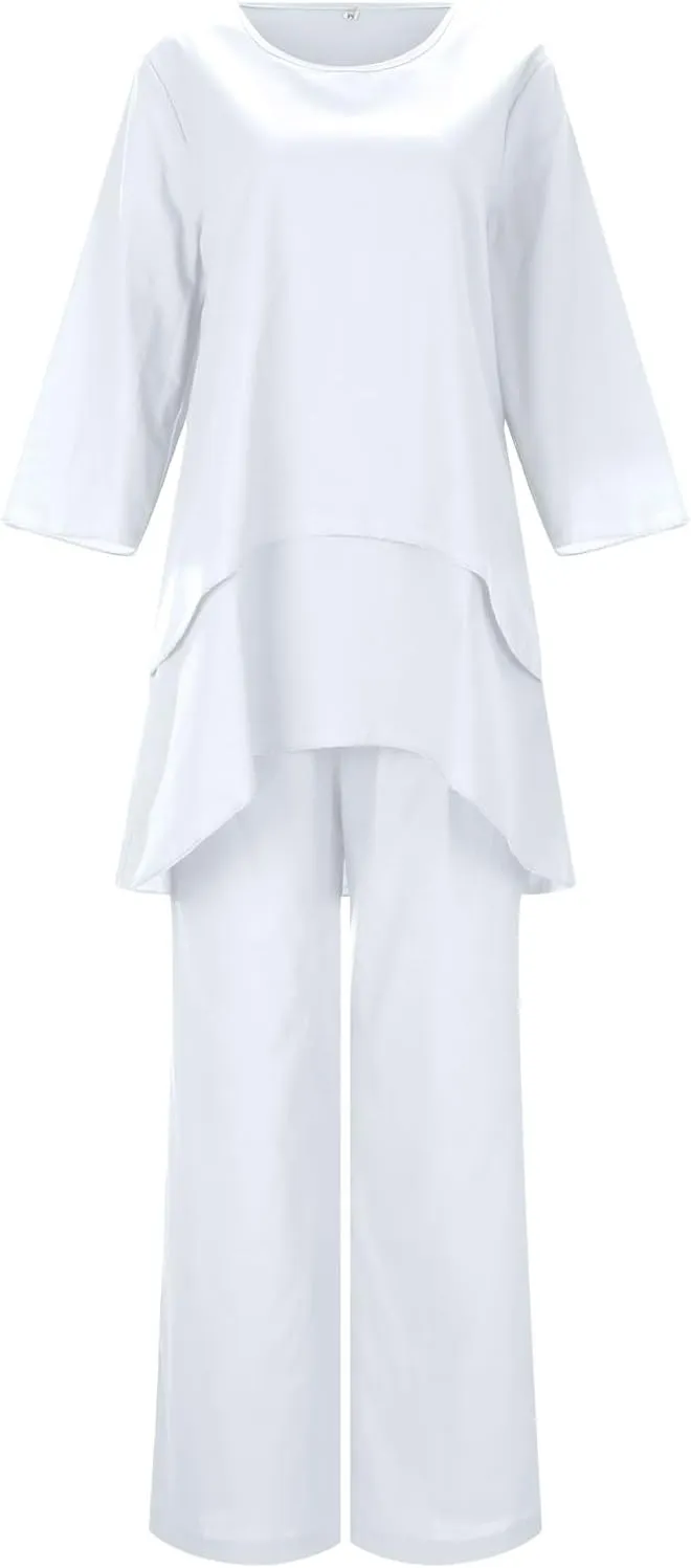 Workout Sets for Women Summer Cotton Linen Casual Matching Set Short Sleeve T Shirts and Pants with Pockets