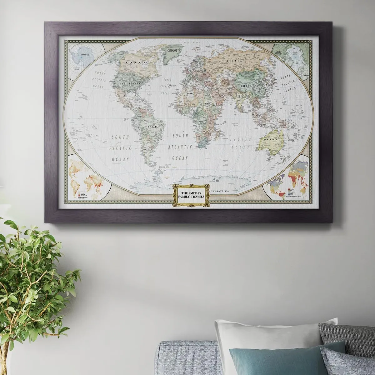 World Travel Map with Pins – Push Pin Map Wall Art – Track Journeys & Adventures – Framed Travel Gift for Couples, Families & Friends